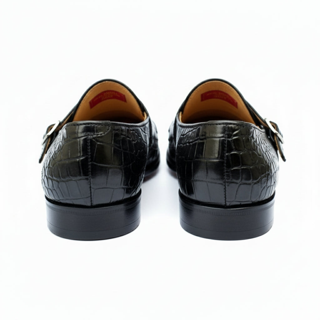 back-view - Men's Black Leather Double Monk Moccasin Shoes