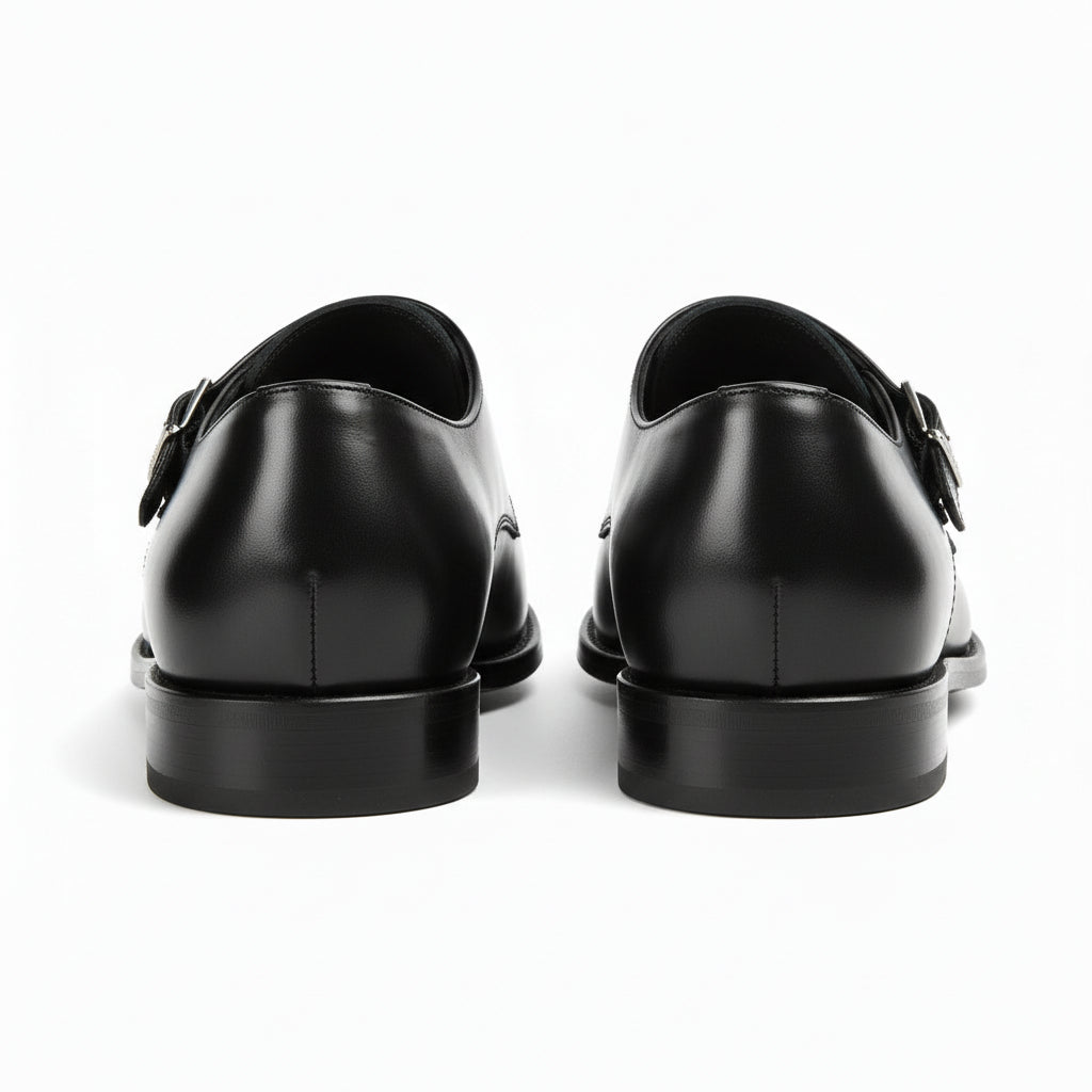 back-view - Men's Black Leather Double Monk Strap Dress Shoes