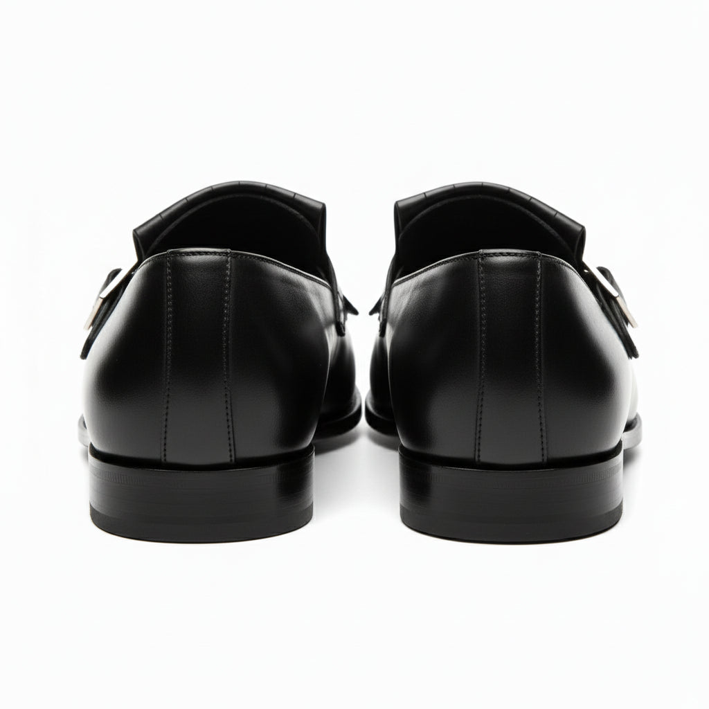 back-view - Men's Black Leather Fringe Buckle Loafers