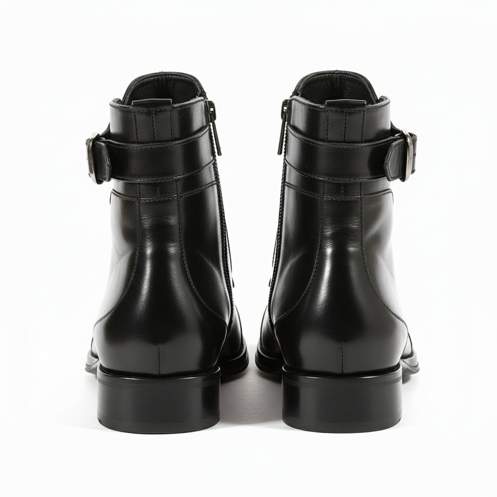 back-view - Men's Black Leather High Ankle Boots with Side Button & Zipper