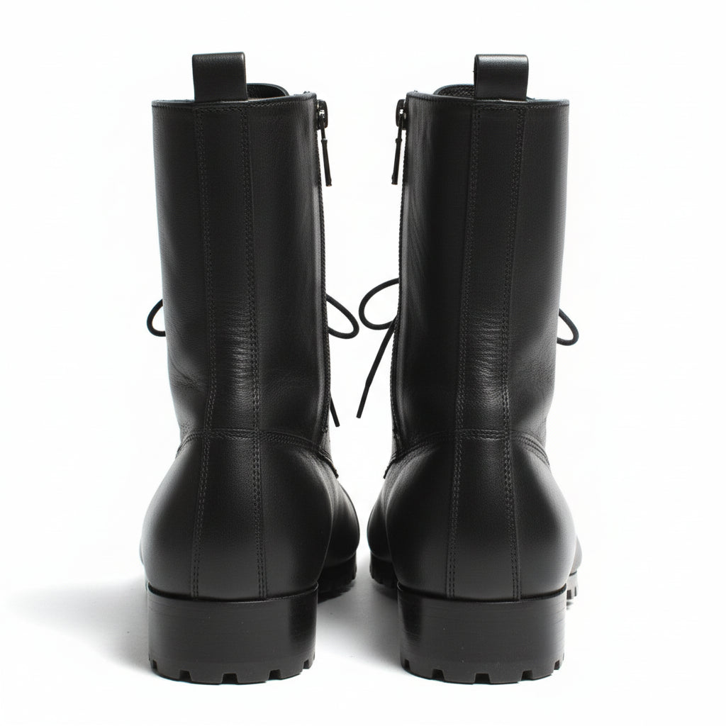 back-view - Men's Black Leather Knee-High Military Boots