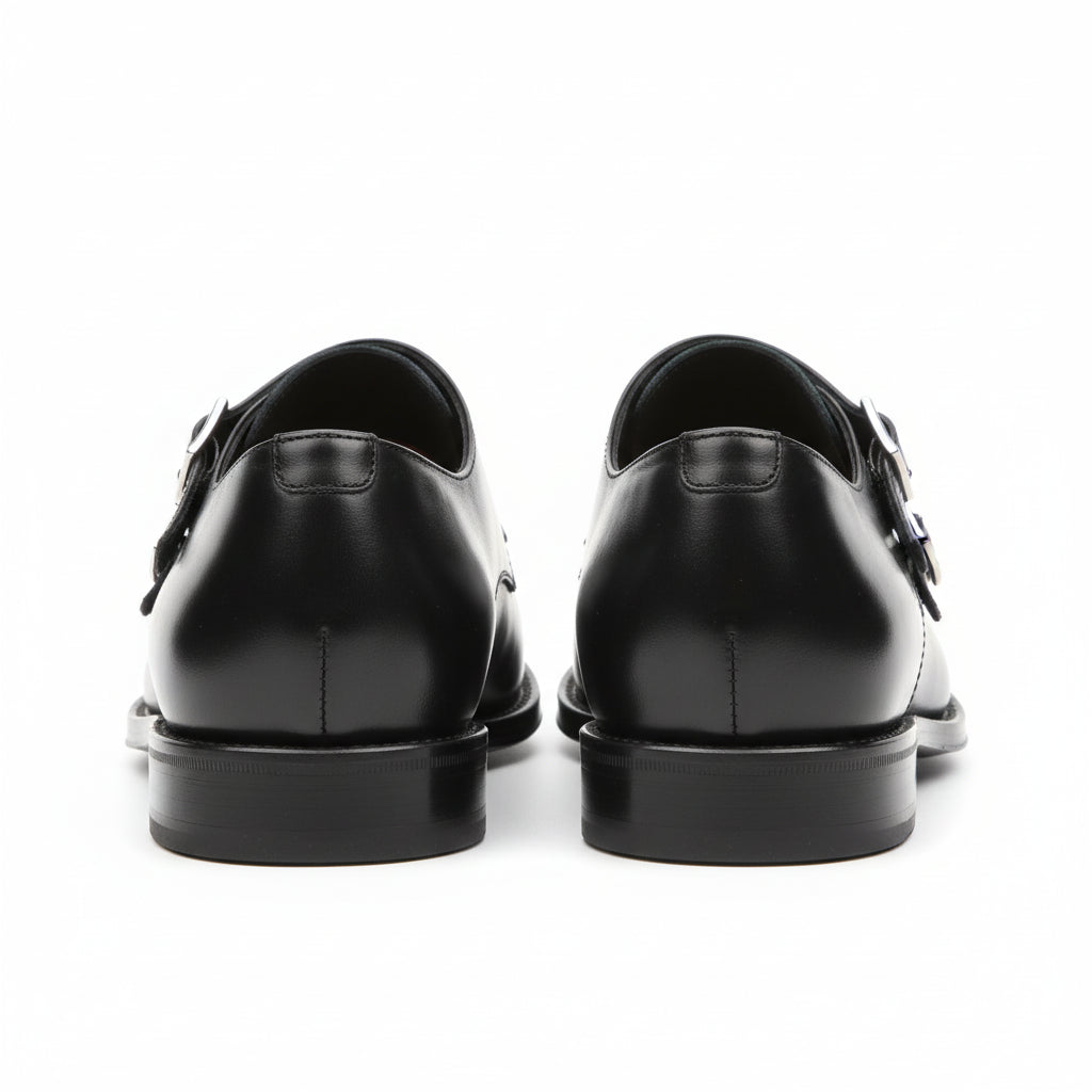 back-view - Men's Black Leather Monk Strap Shoes
