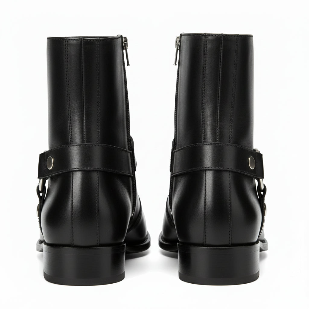 back-view - Men's Black Leather Zip Boots with Cuban Heel