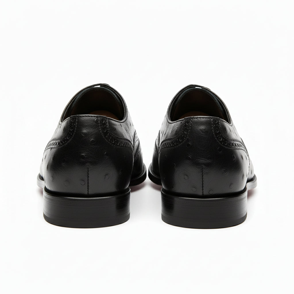 back-view - Men's Black Ostrich Leather Wingtip Shoes