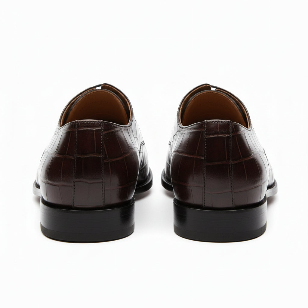 back-view - Men's Black Oxford Leather Shoes | Crocodile Texture