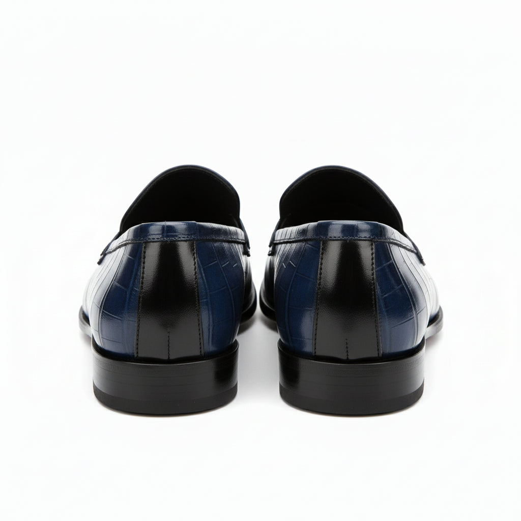 back-view - Men's Blue Alligator Print Leather Dress Loafers