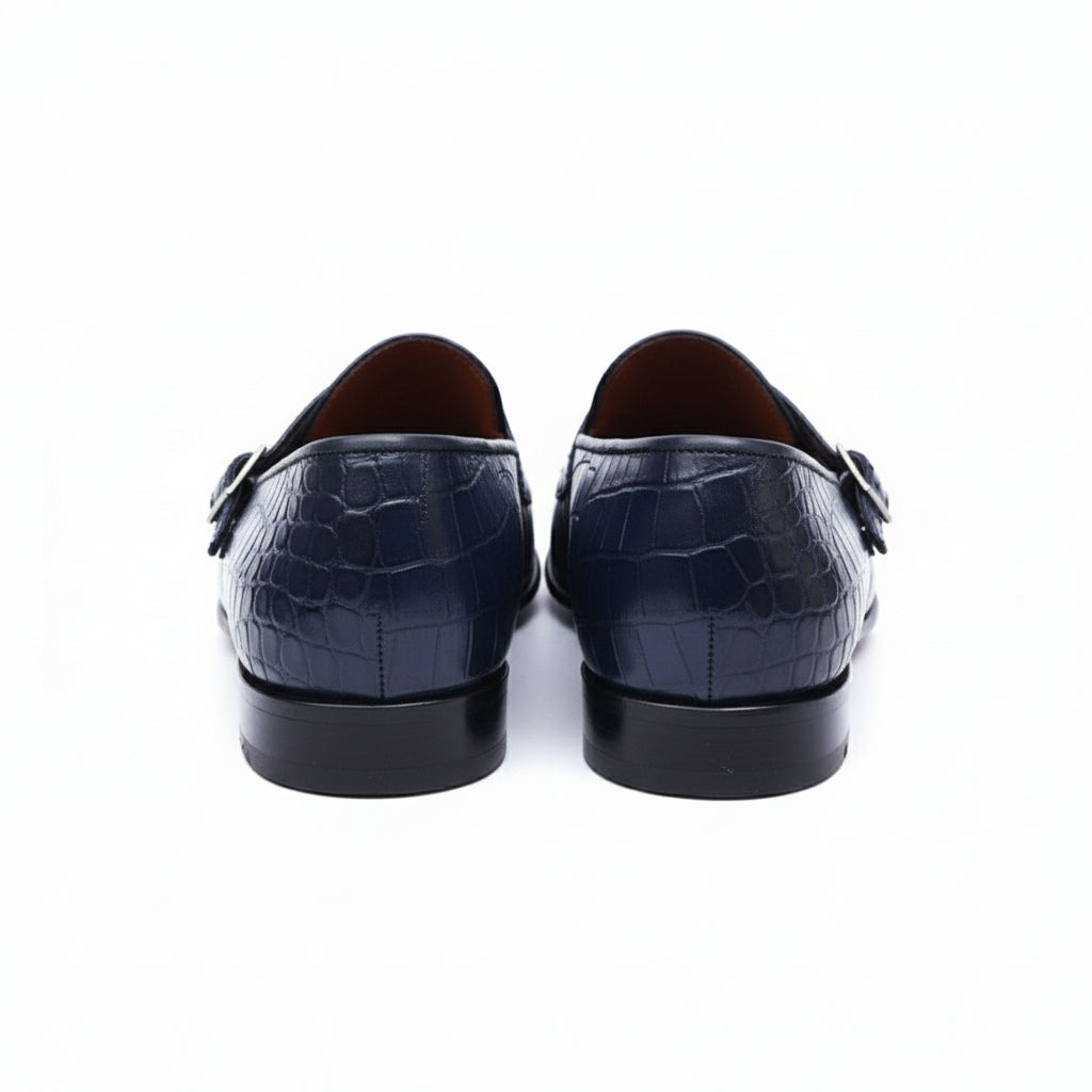 Men's Blue Crocodile Monk Strap Leather Shoes - back-view