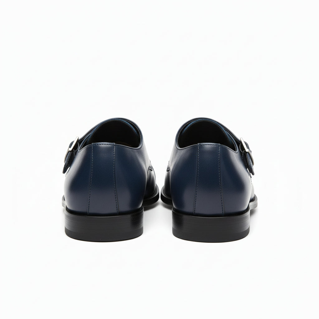 back-view - Men's Blue Leather Double Monk Strap Dress Shoes
