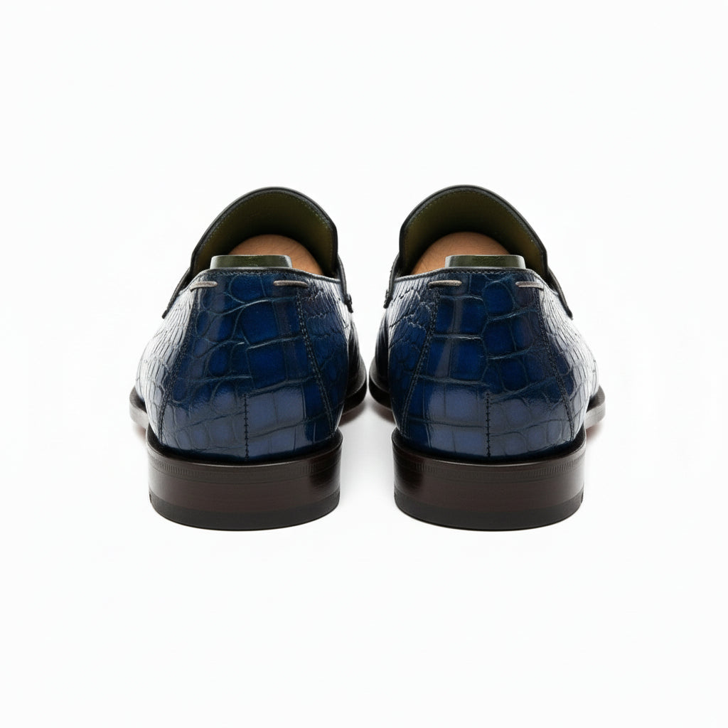 back-view - Men's Blue Leather Moccasins with Crocodile Embossing