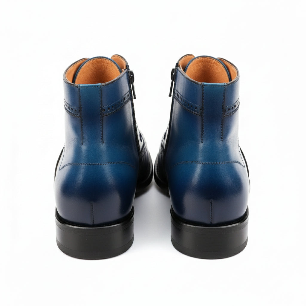 back-view - Men's Blue Leather Wing Tip Brogue Boots