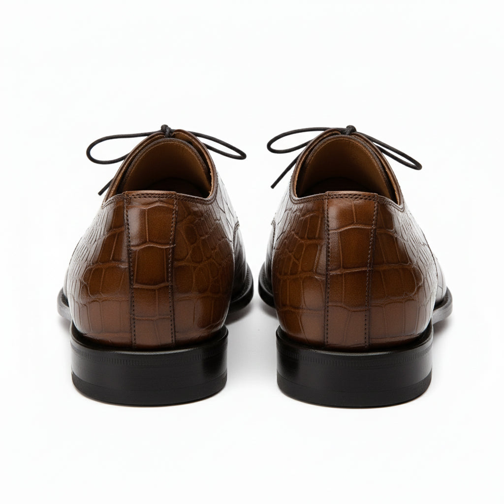 Men's Brown Crocodile-Textured Leather Dress Shoes - back-view