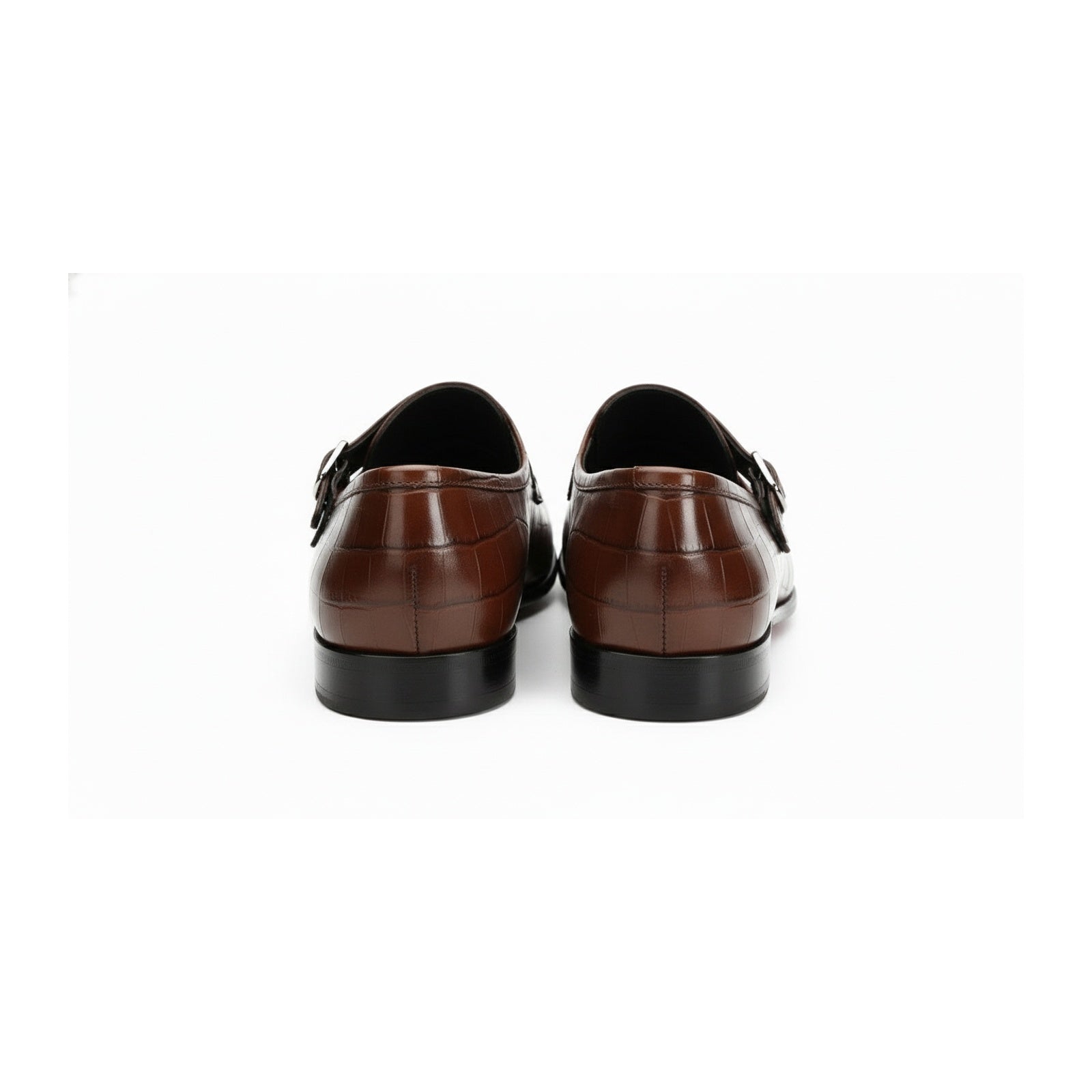 back-view - Men's Brown Leather Double Buckle Penny Loafers