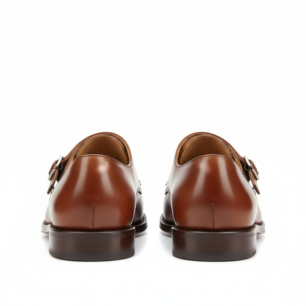 Men's Brown Leather Double Monk Strap Dress Shoes - back-view