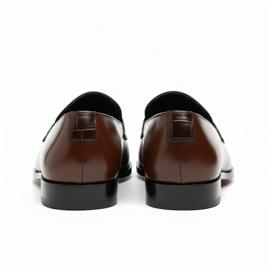 back-view - Men's Brown Leather Moccasins with Crocodile Embossing