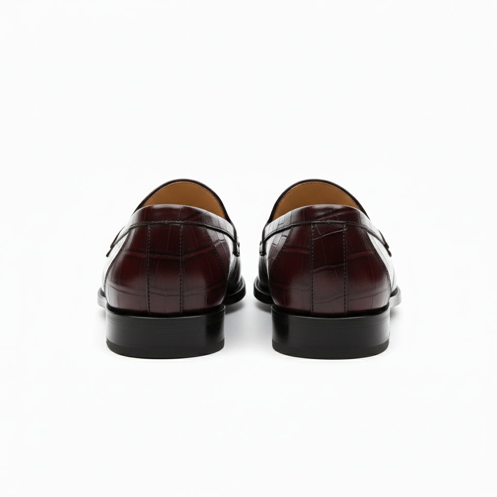 Men's Burgundy Crocodile Textured Leather Loafers - back-view
