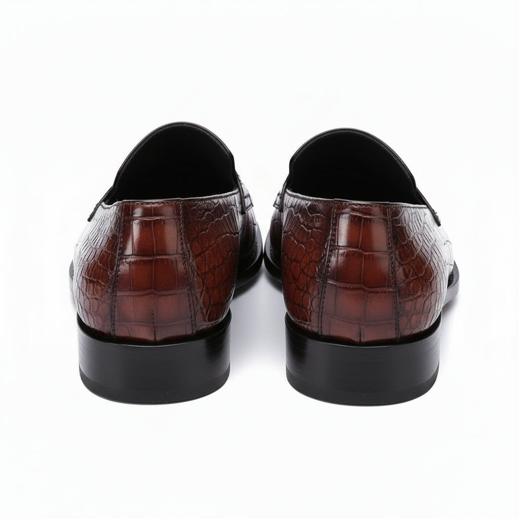 Men's Burgundy Leather Loafer Moccasins | Alligator Embossed Print - back-view