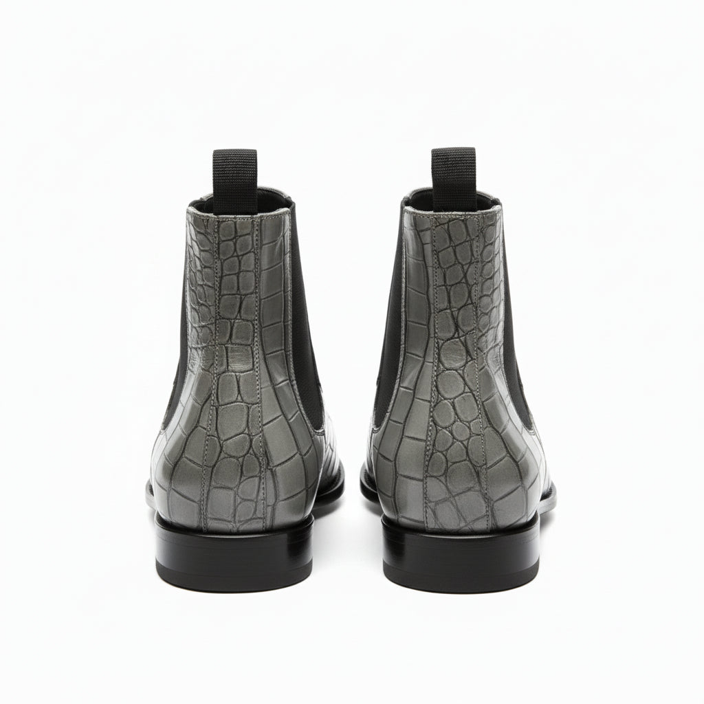 Men's Gray Crocodile Embossed Chelsea Leather Boots - back-view