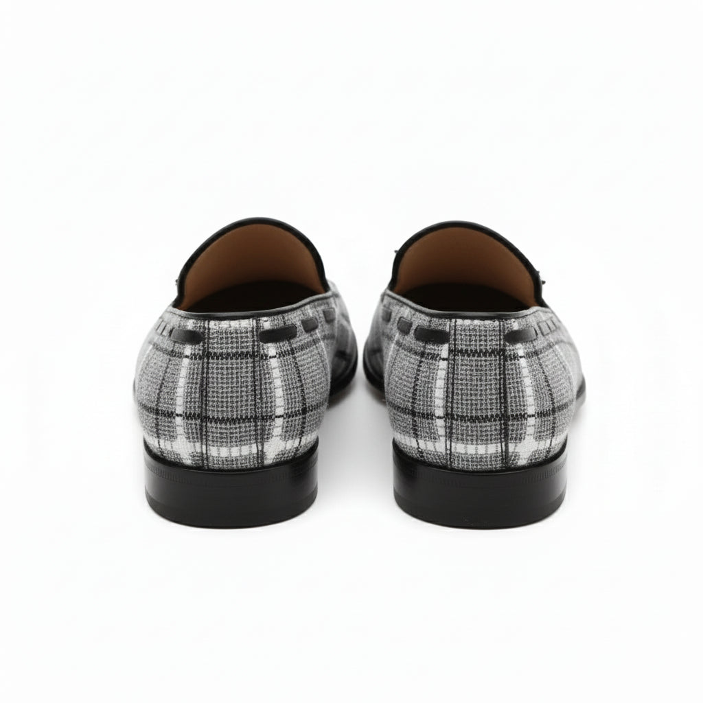 back-view - Men's Gray Tweed Fabric Loafers with Tassel Detail