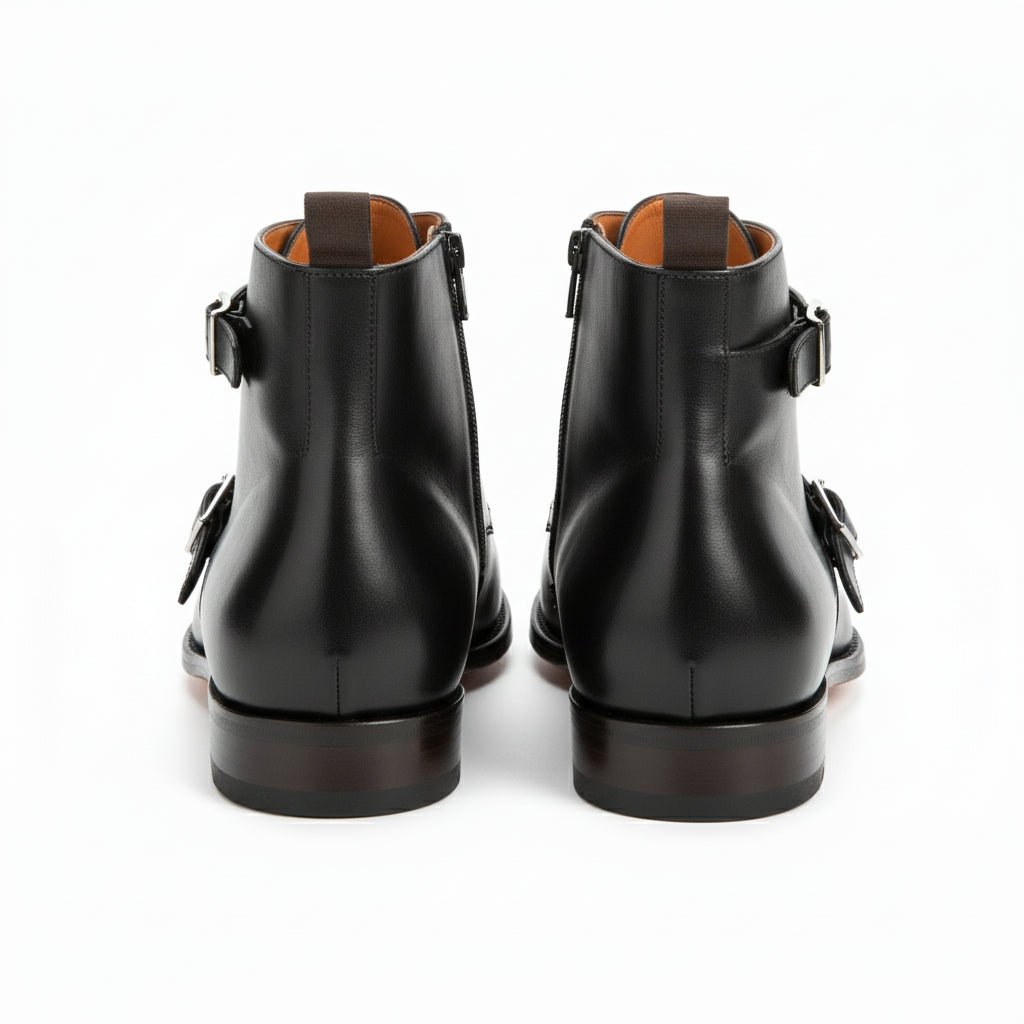 back-view - Men's Handmade Black Leather Double Monk Boots with Artisan Features