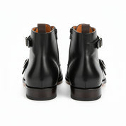 back-view - Men's Handmade Black Leather Double Monk Boots with Artisan Features