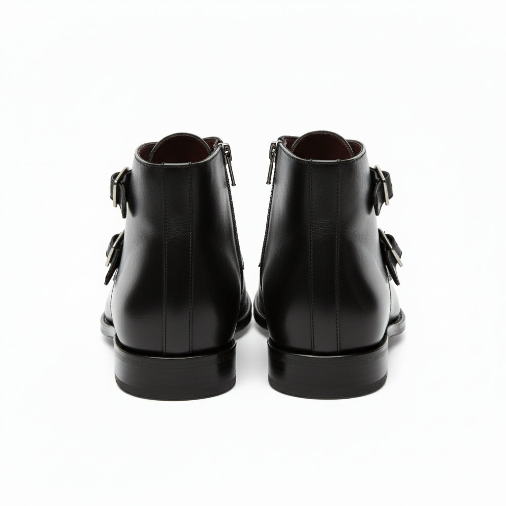 back-view - Men's Handmade Black Leather Double Monk Boots with Premium Craftsmanship