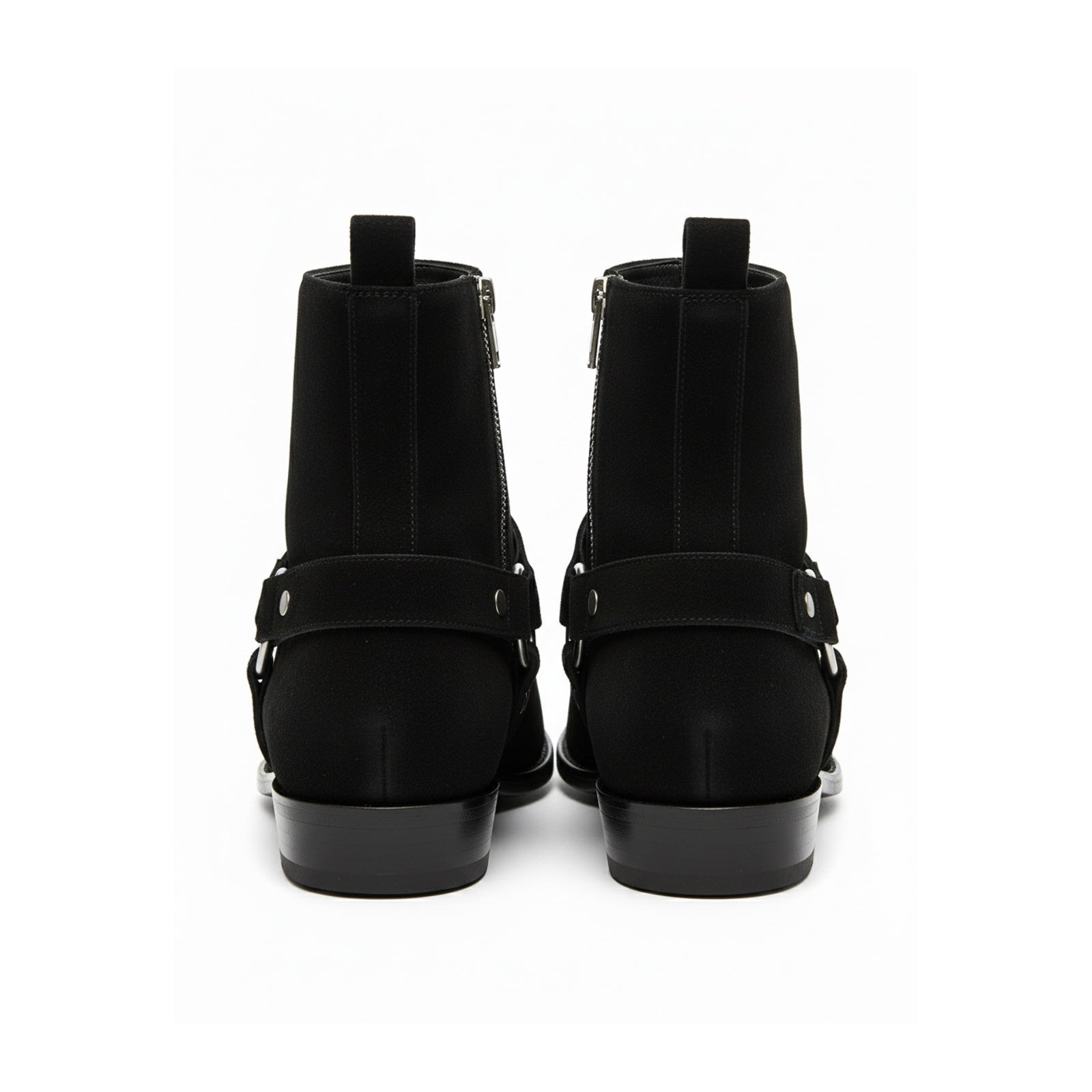 back-view - Men's Handmade Black Suede Biker Ankle Boots with Side Zipper