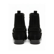 back-view - Men's Handmade Black Suede Biker Ankle Boots with Side Zipper