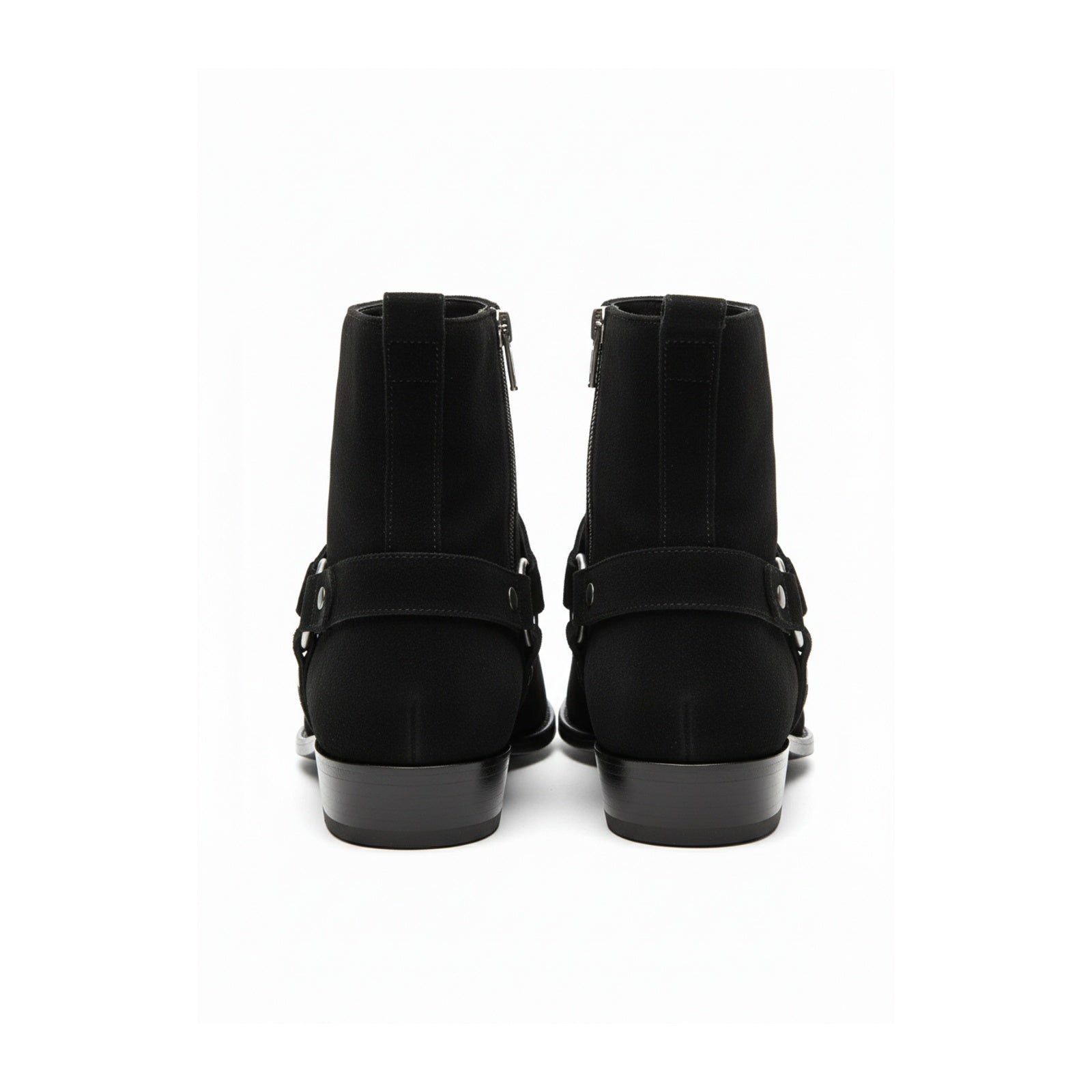 back-view - Men's Handmade Black Suede Biker Ankle Boots with Side Zipper