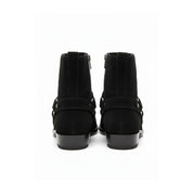 back-view - Men's Handmade Black Suede Biker Ankle Boots with Side Zipper