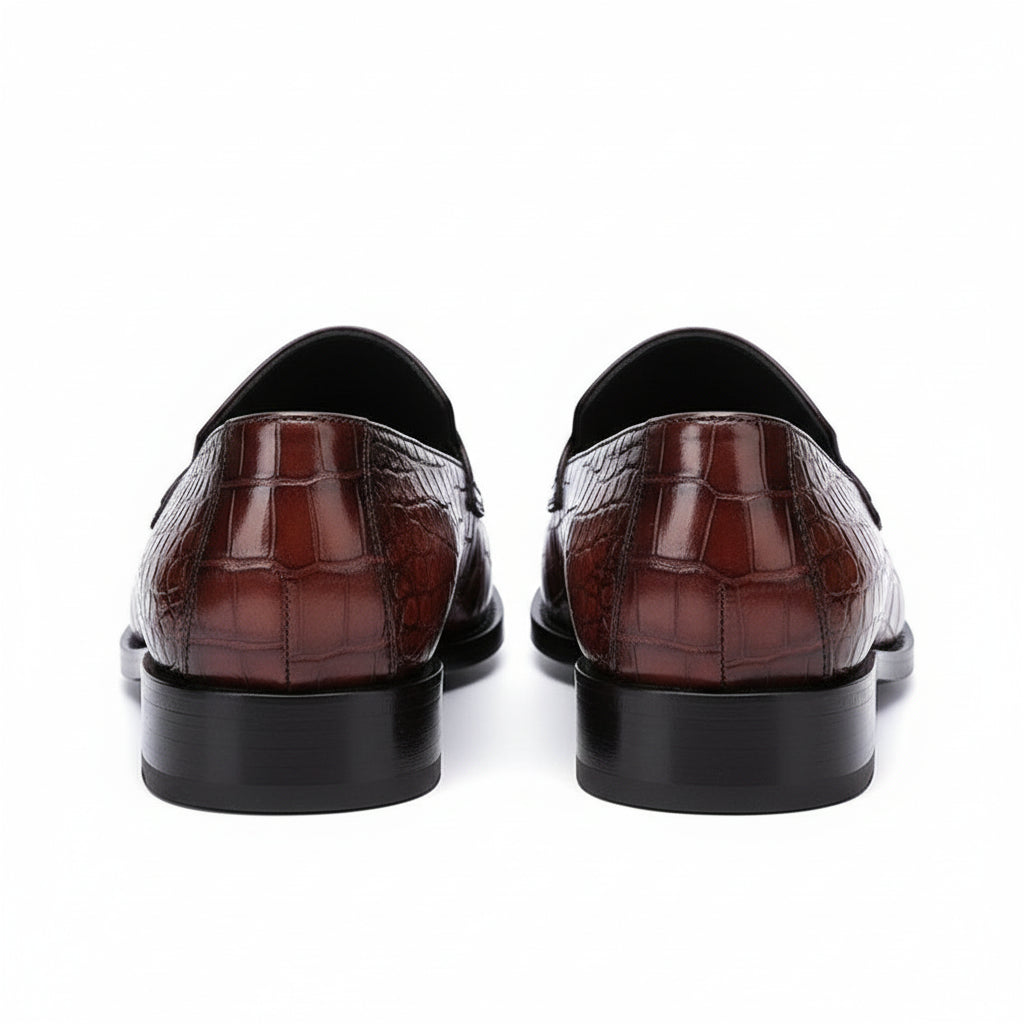 back-view - Men's Handmade Burgundy Alligator Pattern Leather Moccasins