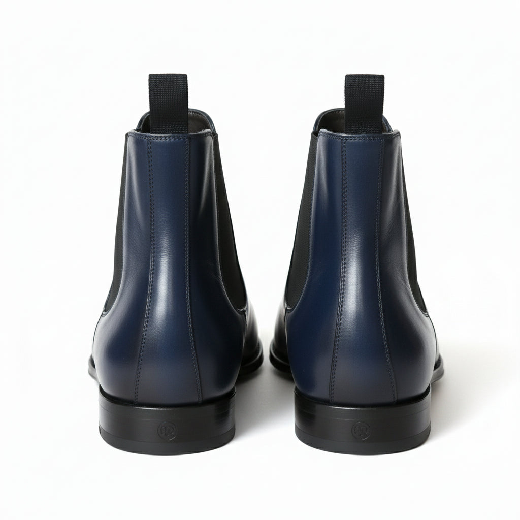 Men's Navy Blue Leather Ankle Chelsea Boots - back-view