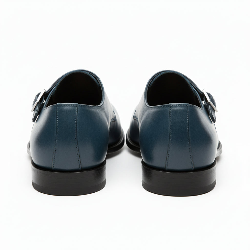 Men's Navy Blue Leather Monk Dress Shoes - back-view