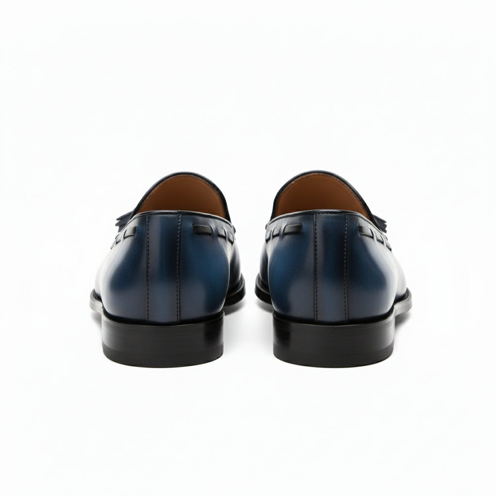 back-view - Men's Navy Blue Leather Tassel Loafers