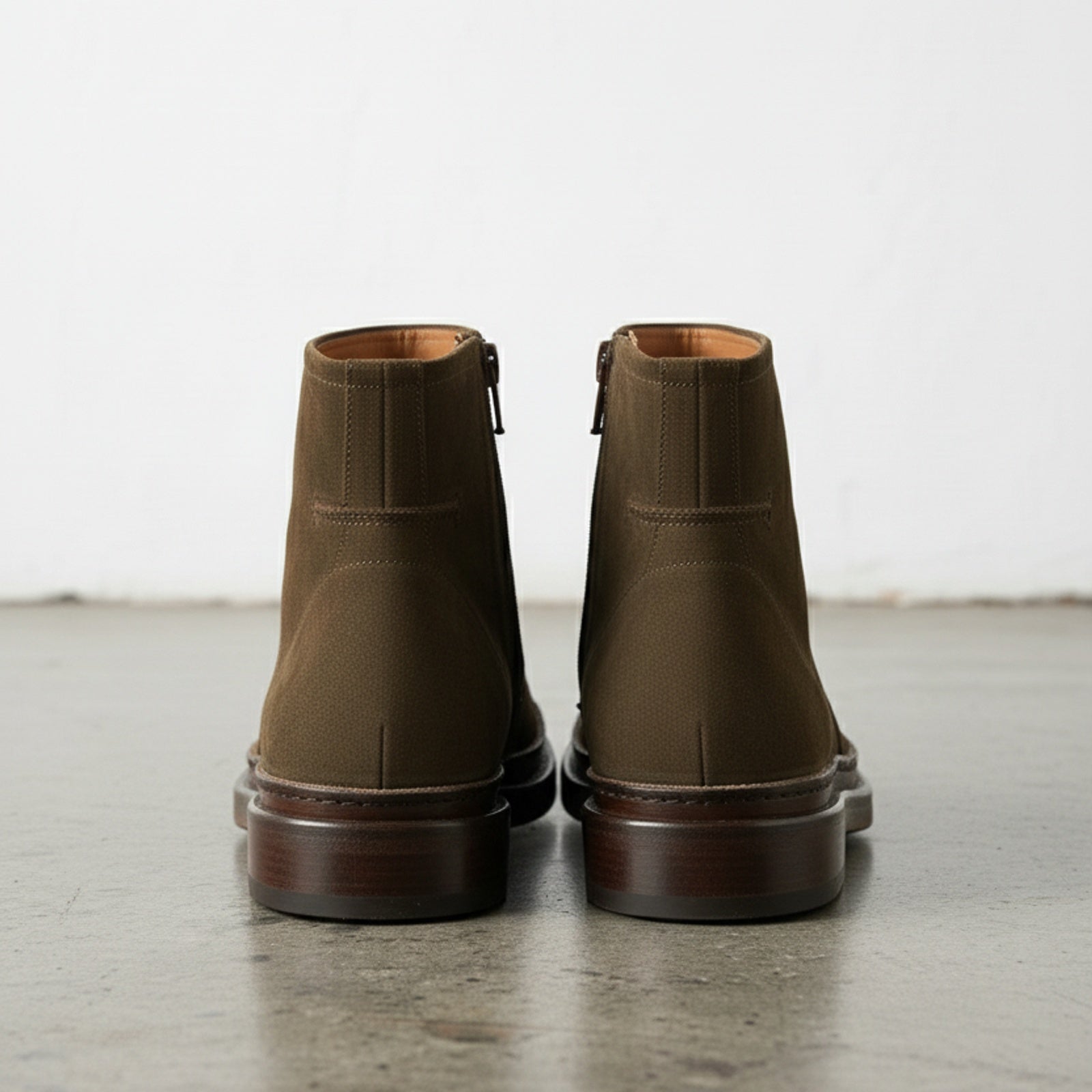 back-view - Men's Olive Green Suede Ankle Boots, Distressed Suede Ankle Boots for Men, Slip-On Suede Ankle Boots