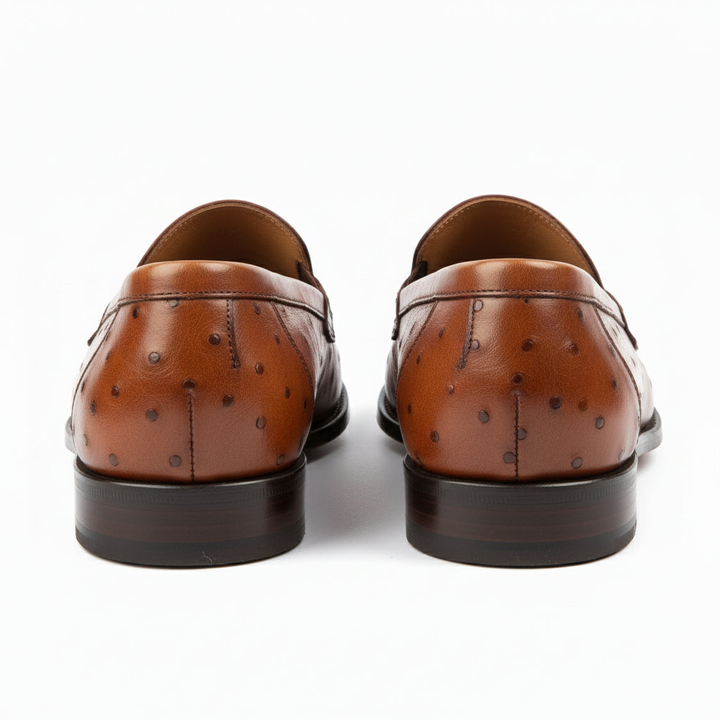 Men's Ostrich Print Leather Moccasins in Brown - back-view