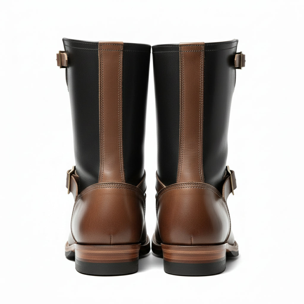 back-view - Men's Tan & Black Two-Tone Leather Biker Boots