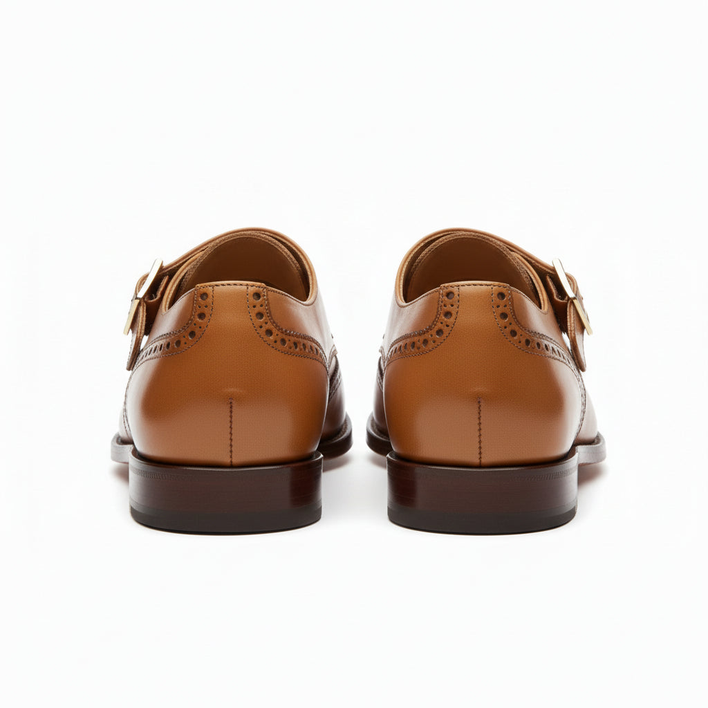 Men's Tan Wing Tip Brogue Monk Leather Shoes - back-view