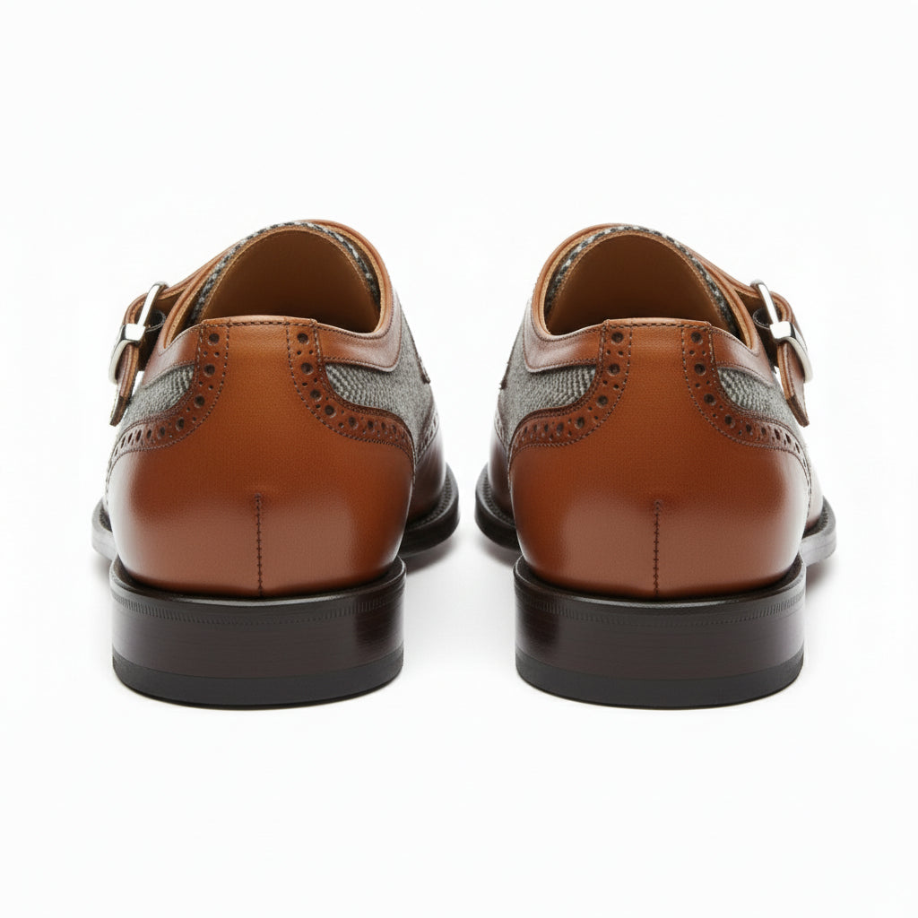 back-view - Men's Two-Tone Leather Wing Tip Monk Dress Shoes