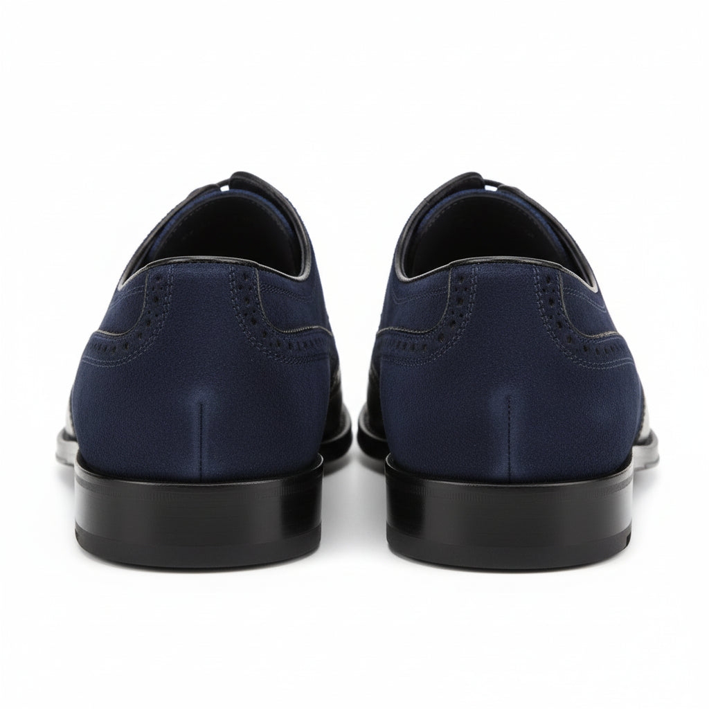 Men's Two-tone Wingtip Leather Dress Shoes in Black and Blue Suede - back-view