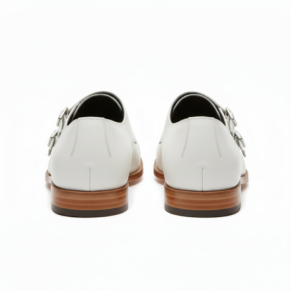 back-view - Men's White Leather Double Monk Dress Shoes