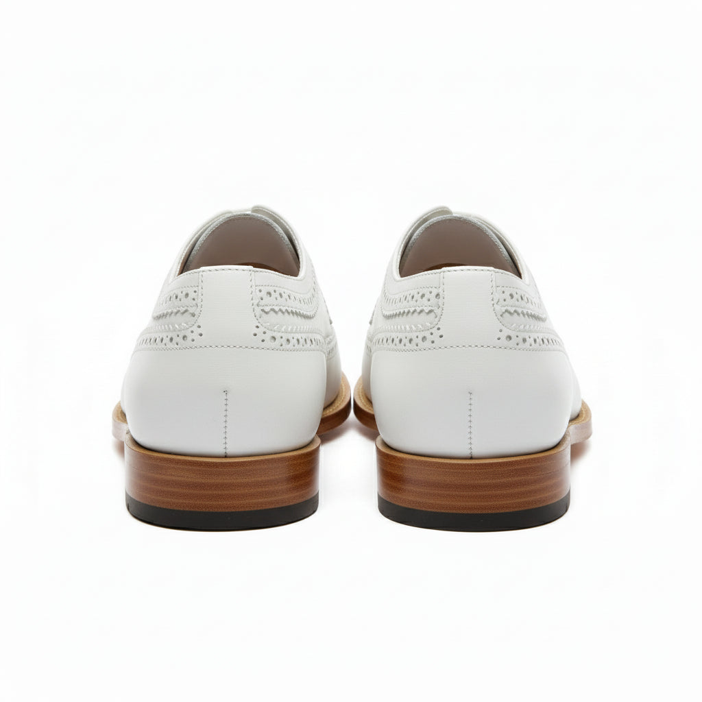Men's White Leather Wingtip Brogue Dress Shoes - back-view