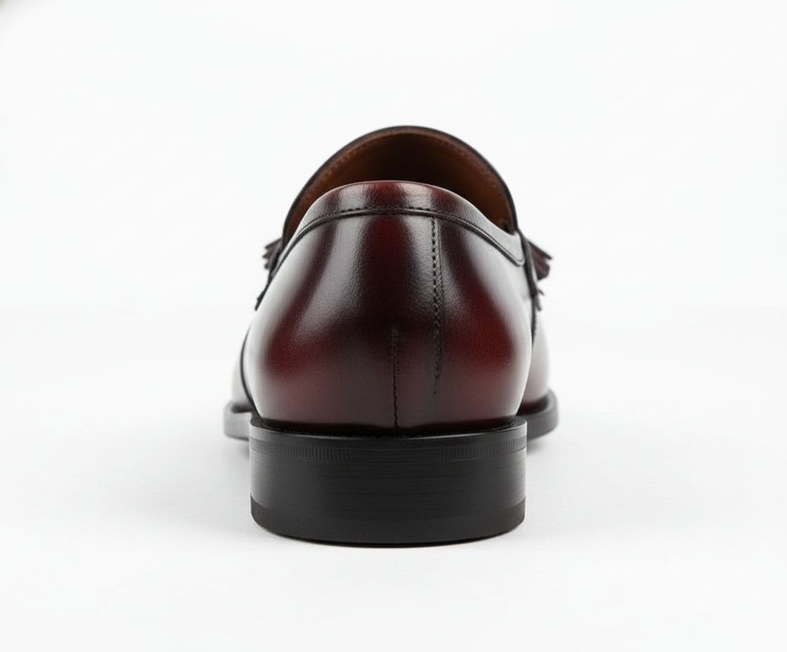back-view - Handmade Men Burgundy Leather Fringe Dress Shoes, Men Leather Penny Loafer