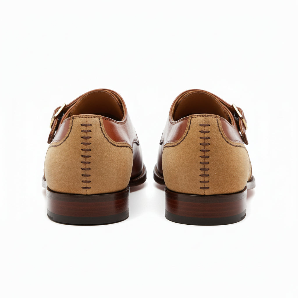 Tan Brown Monk Strap Leather Shoes with Buckle Closure - back-view