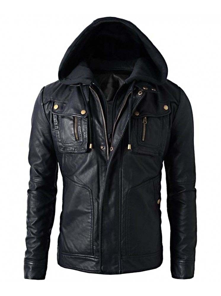Hooded Leather Biker Jacket for Winter