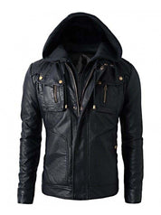 Hooded Leather Biker Jacket for Winter