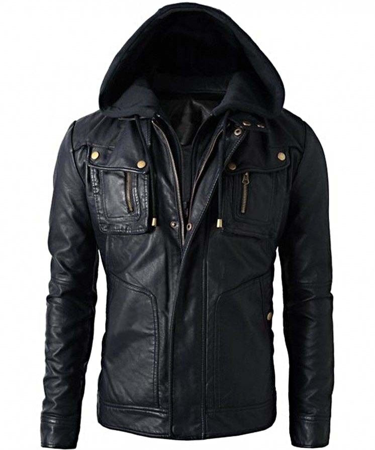 Hooded Leather Biker Jacket for Winter