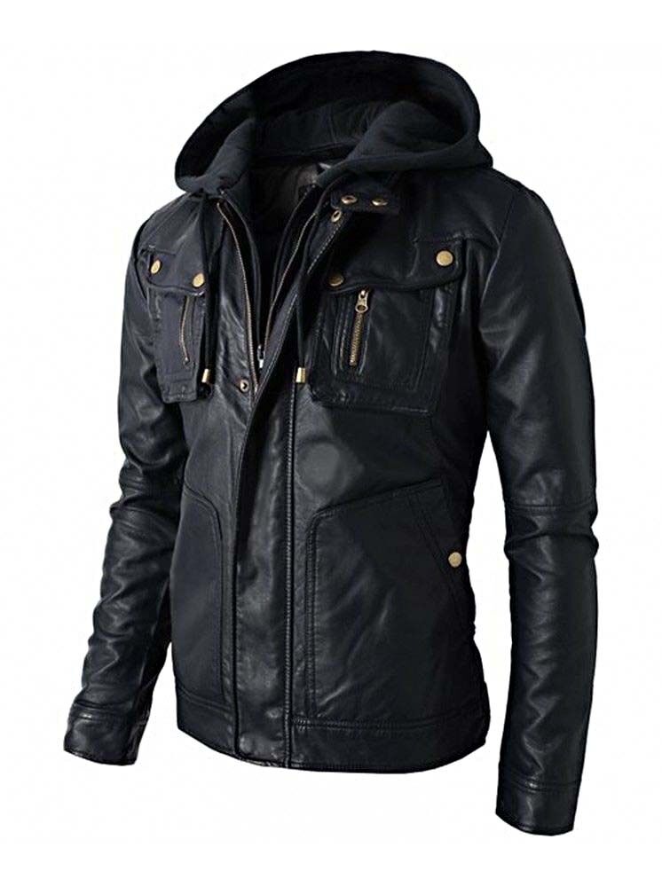 Hooded Leather Biker Jacket for Winter - Image 2