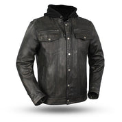 Men's Black Leather Jacket with Hoodie