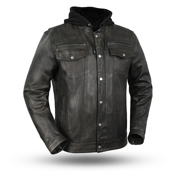 Men's Black Leather Jacket with Hoodie