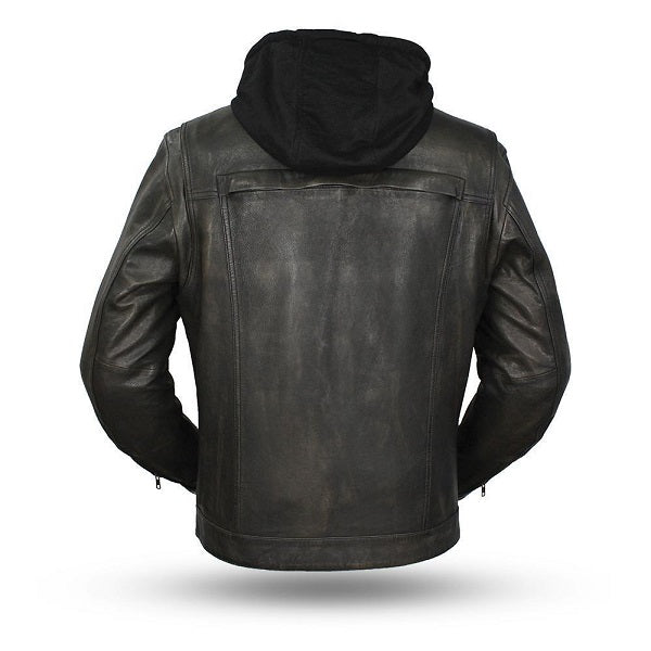 Men's Black Leather Jacket with Hoodie - Image 2
